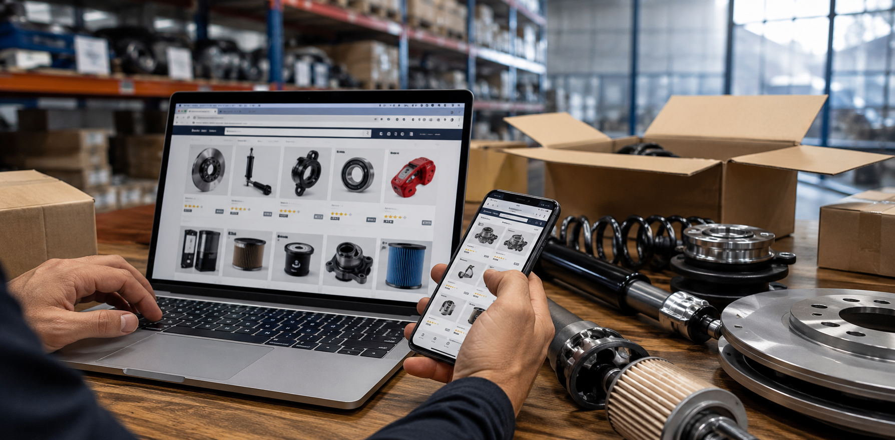 Compra de peças automotivas pela internet em plataforma de e-commerce, com componentes de reposição organizados em centro logístico, representando o crescimento das vendas online de autopeças e a transformação digital do mercado automotivo.