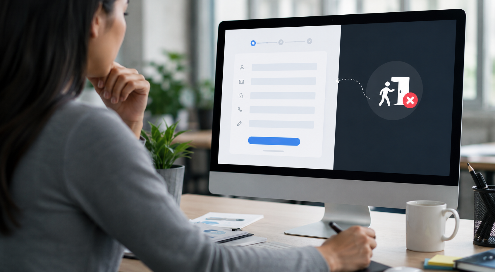 Profissional analisando um formulário digital em computador, com indicadores de abandono de cadastro na tela, representando desafios de conversão, experiência do usuário e estratégias para reduzir desistências e gerar mais leads pelo site.