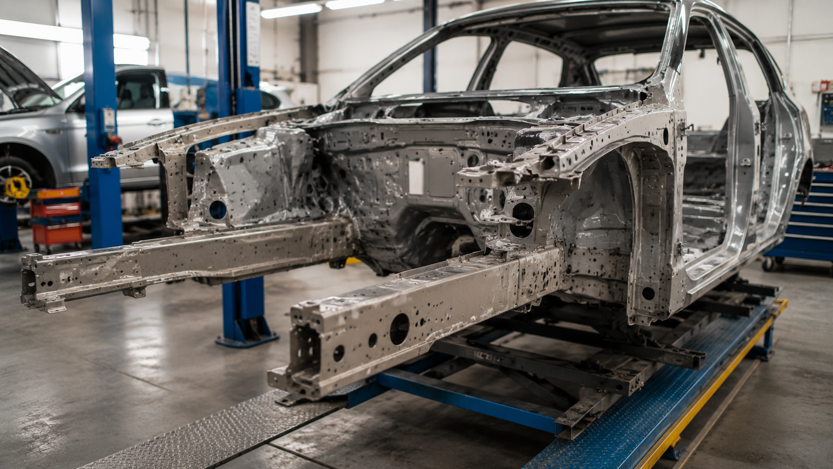 Estrutura de carro com a longarina exposta em oficina de funilaria, destacando sua função na sustentação, absorção de impactos e segurança estrutural do veículo.